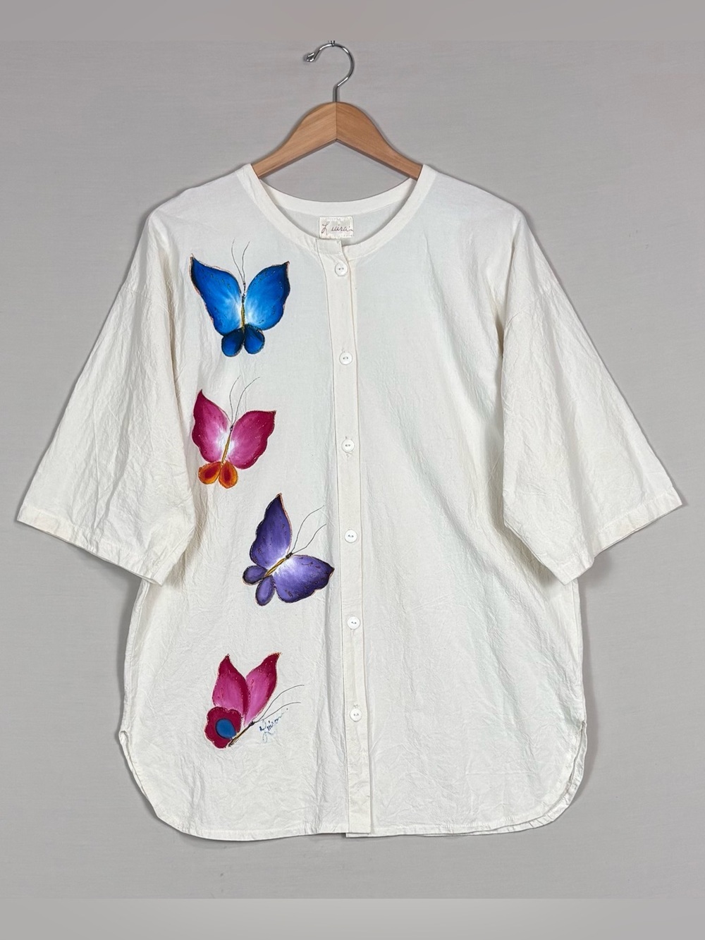 Luisa Hand Painted Butterfly Art Shirt Cream Button Front Oversized Top